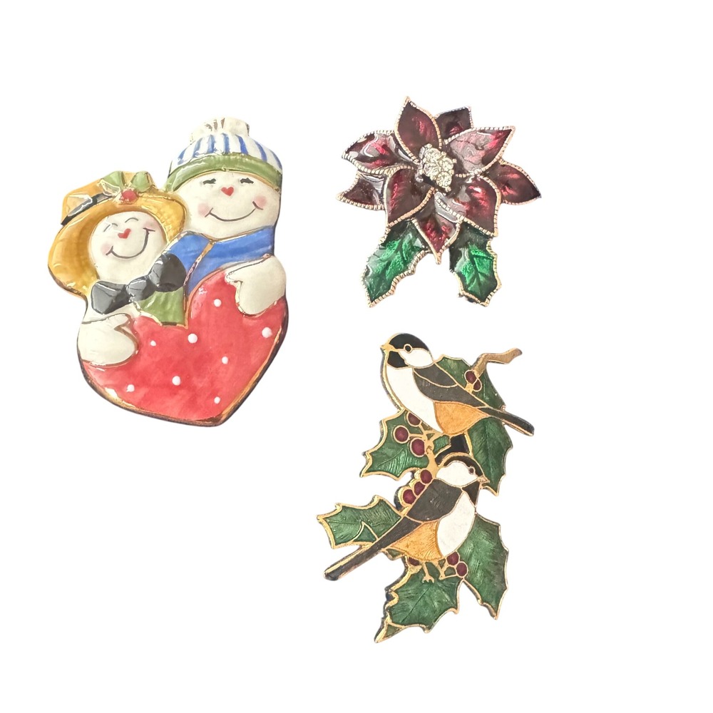 Lot‎ 3 Christmas Snowman Couple Poinsettia Holly Bird Enamel Brooches
Vintage
